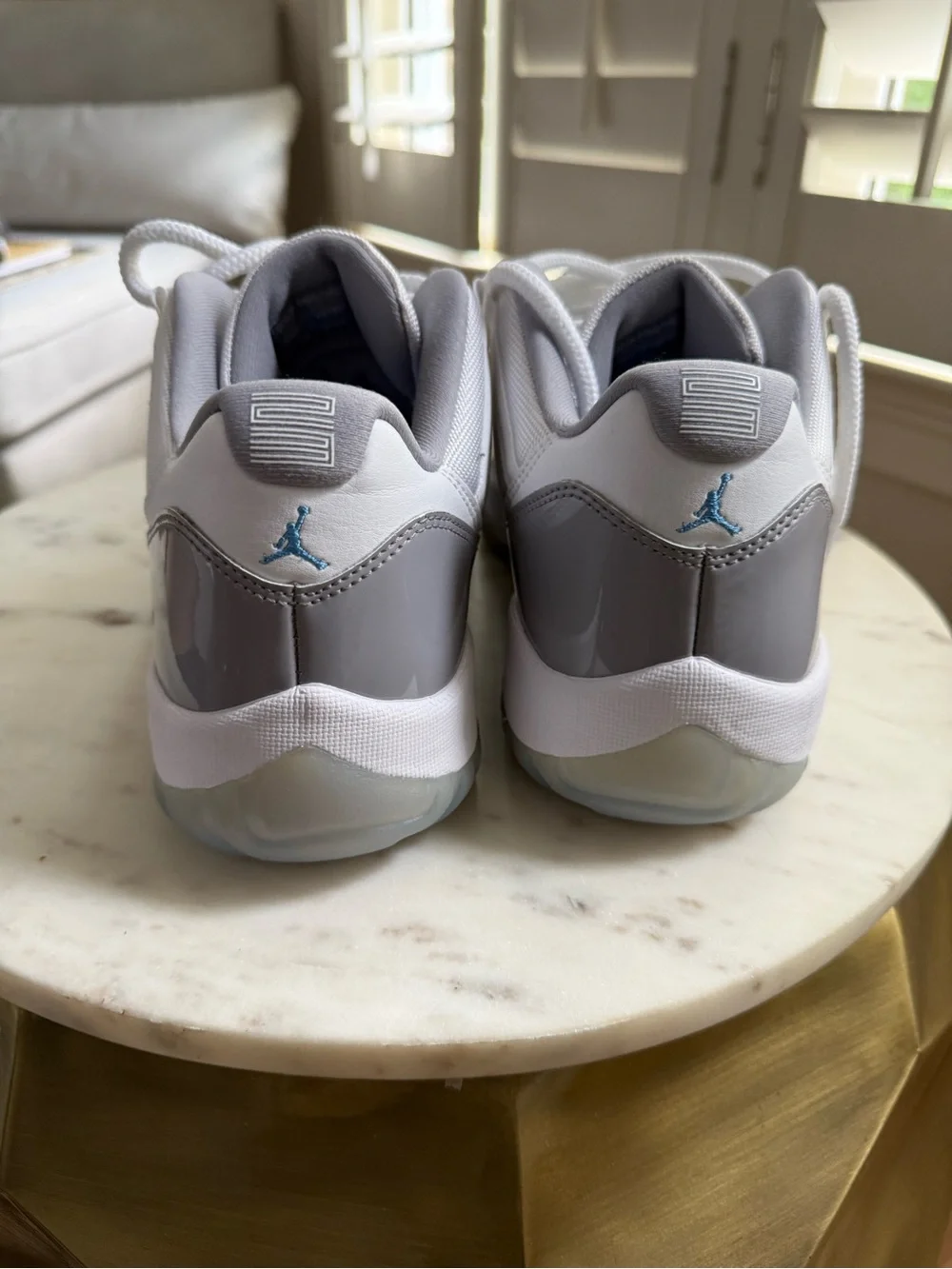 Jordan Men’s Low Top Athletic Shoes in White and Gray Patent